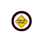 Round pinback button with black border and yellow diamond reading 'BABY ON BOARD'