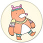 Round 1.25-inch pinback button with cartoon bear in orange, teal, and white