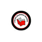 Banned books pinback badge, 2.25-inch round black border, red book icon and slogan
