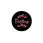 Round black pin with pink hearts and “Darling” text