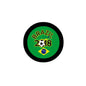 Brazil 2018 soccer pinback button, round black rim with green Brazil flag logo