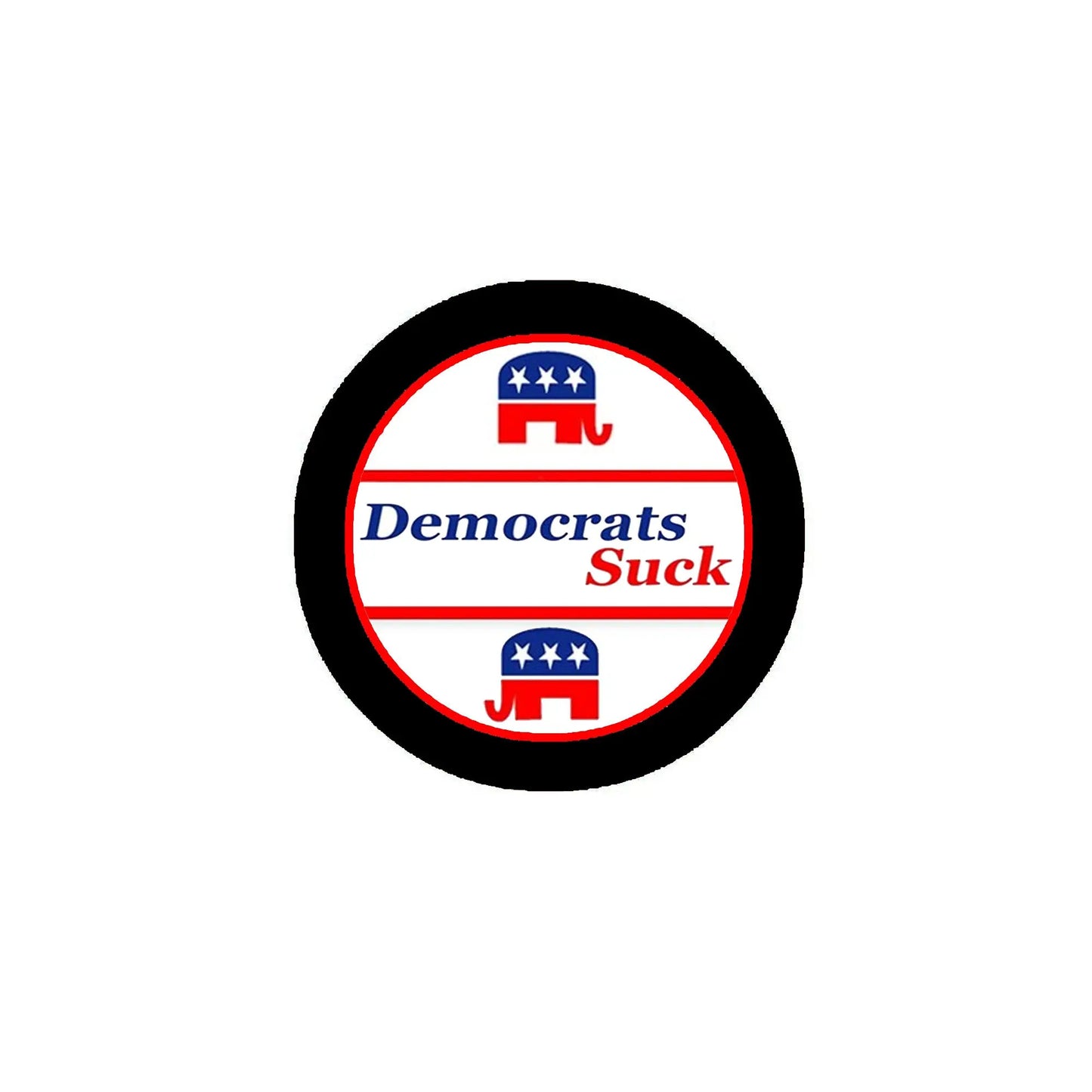 Round pinback button with black edge, white/red stripes, blue stars, 'Democrats Suck' text