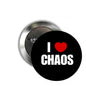 Round black pinback button with red heart and white “I ♥ CHAOS” text