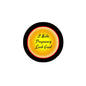 2.25-inch round pinback button, black edge with red-gold rays and yellow script text