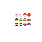 Set of 12 world flag pinback buttons, round circular designs with assorted country flags