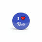 Blue round pinback button with 'I love Bob' text and red heart