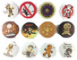 Set of circular VOODOO pinback button badges with assorted cartoon characters