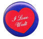 I Love Walt pinback button with red heart and white script lettering, blue rim