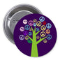 Peace sign tree pinback button, purple background with green trunk and peace symbols, metal back
