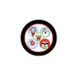 Round Christmas pinback badge with colorful winter characters and snowflake icons