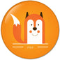 Orange fox face pinback button, white text FOX on bottom bar