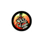 2.25-inch round pinback badge with black rim and colorful dagger tattoo design