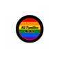 All Families Matter pinback button, round black rim with rainbow bands and yellow text