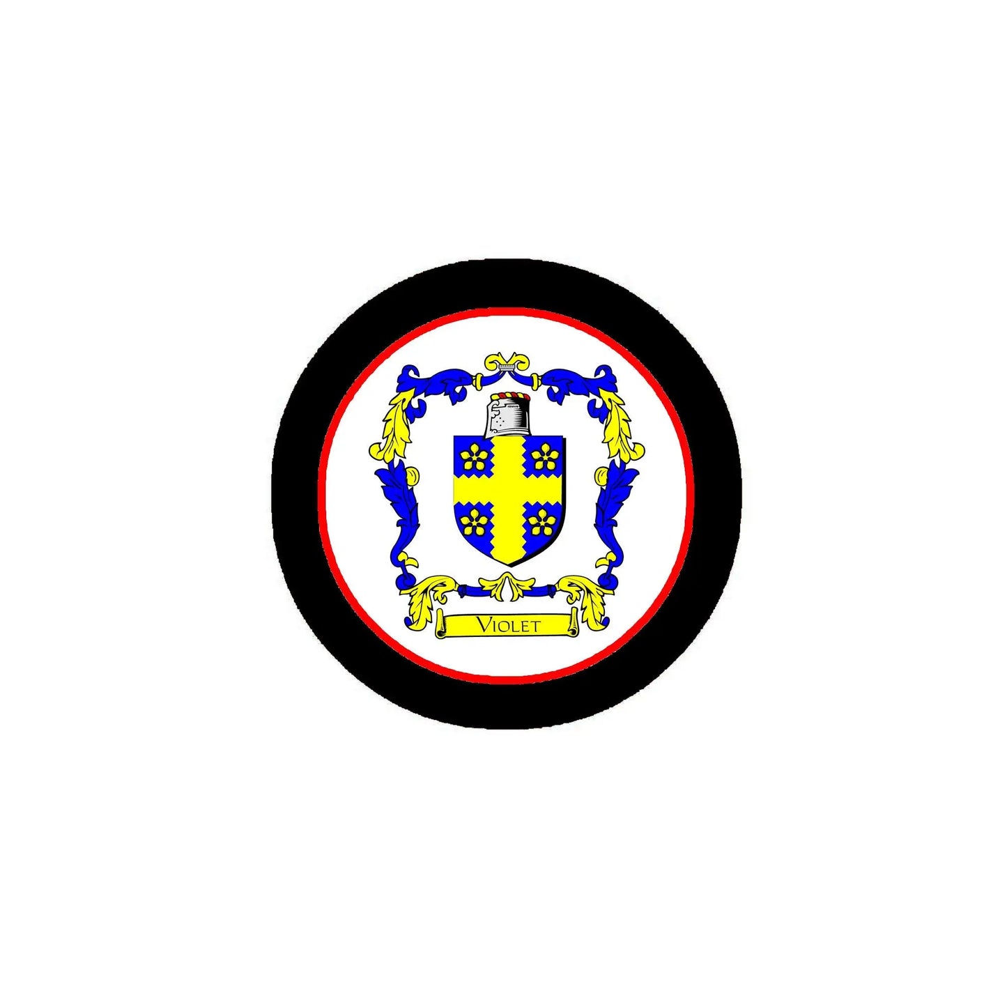 Round pinback badge with coat of arms crest, VIOLET text, black border