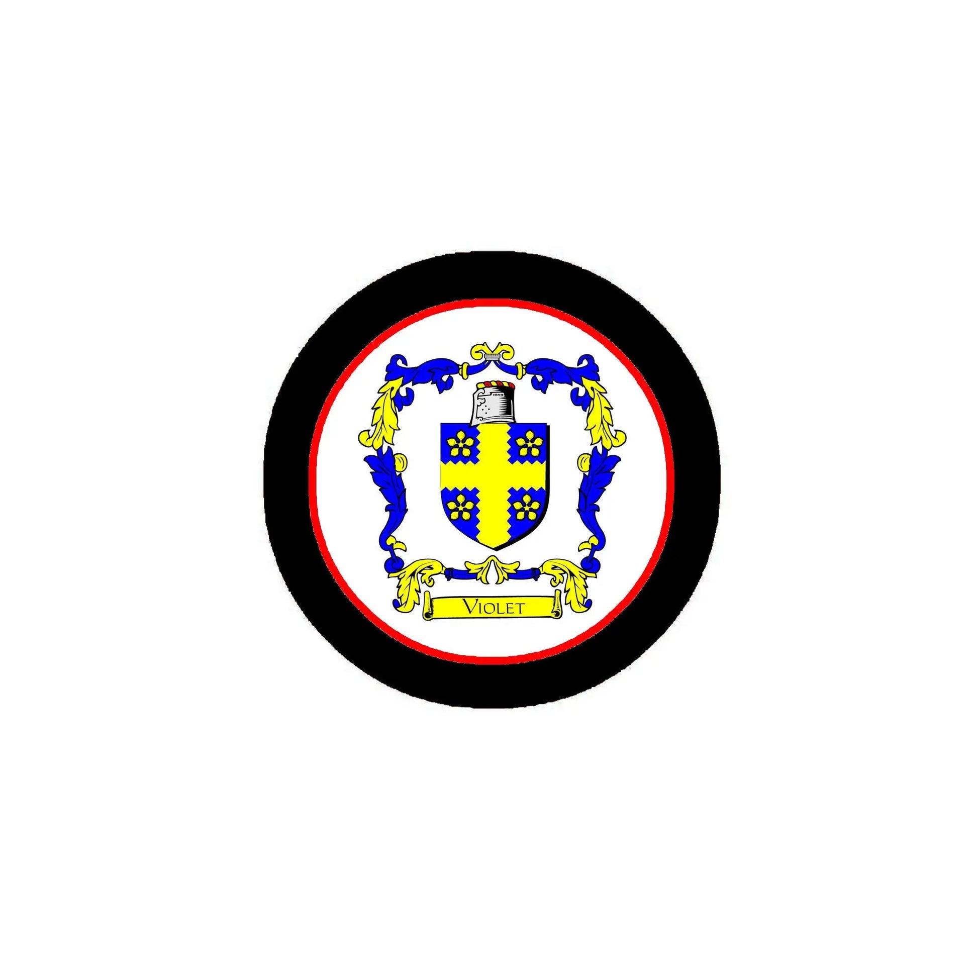 Round pinback badge with coat of arms crest, VIOLET text, black border
