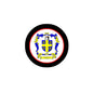 Round pinback badge with coat of arms crest, VIOLET text, black border