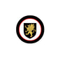 Round coat of arms pinback, black and red ring with gold griffin in shield