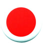 Round red rising sun pinback button with metal back edge