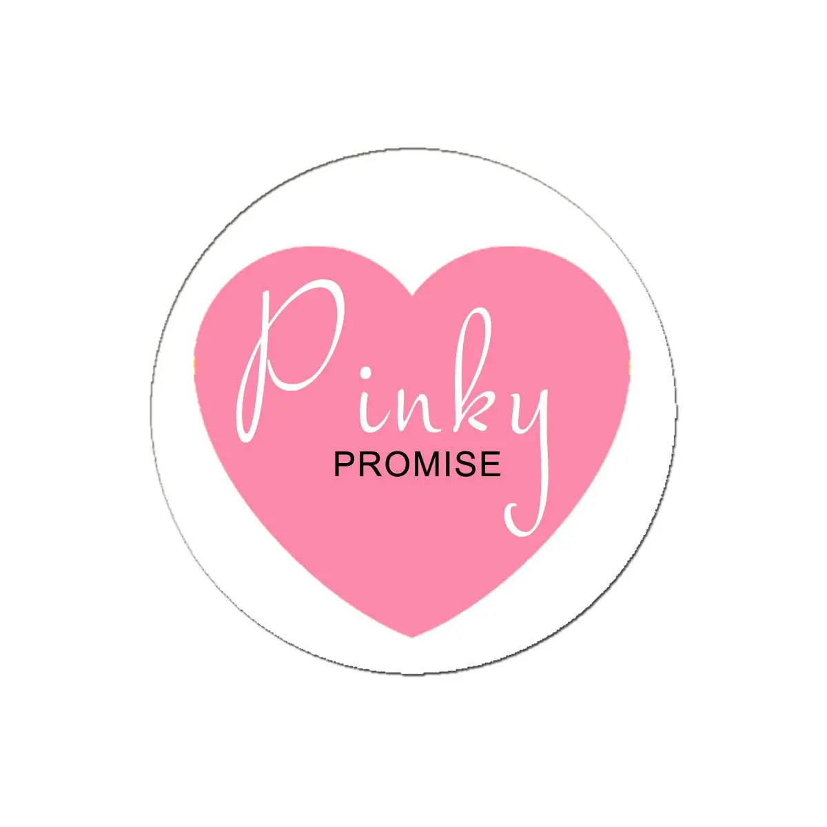 Round pink pinback button with heart graphic and “pinky PROMISE” text