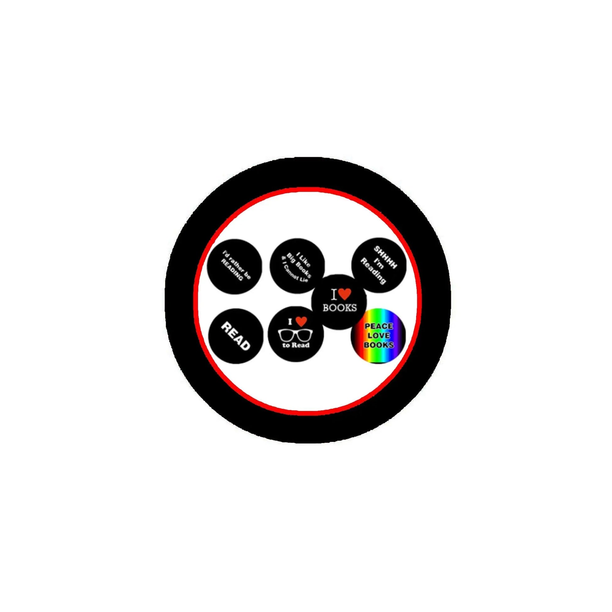 Books lover pinback button set with round black/red reading icon designs