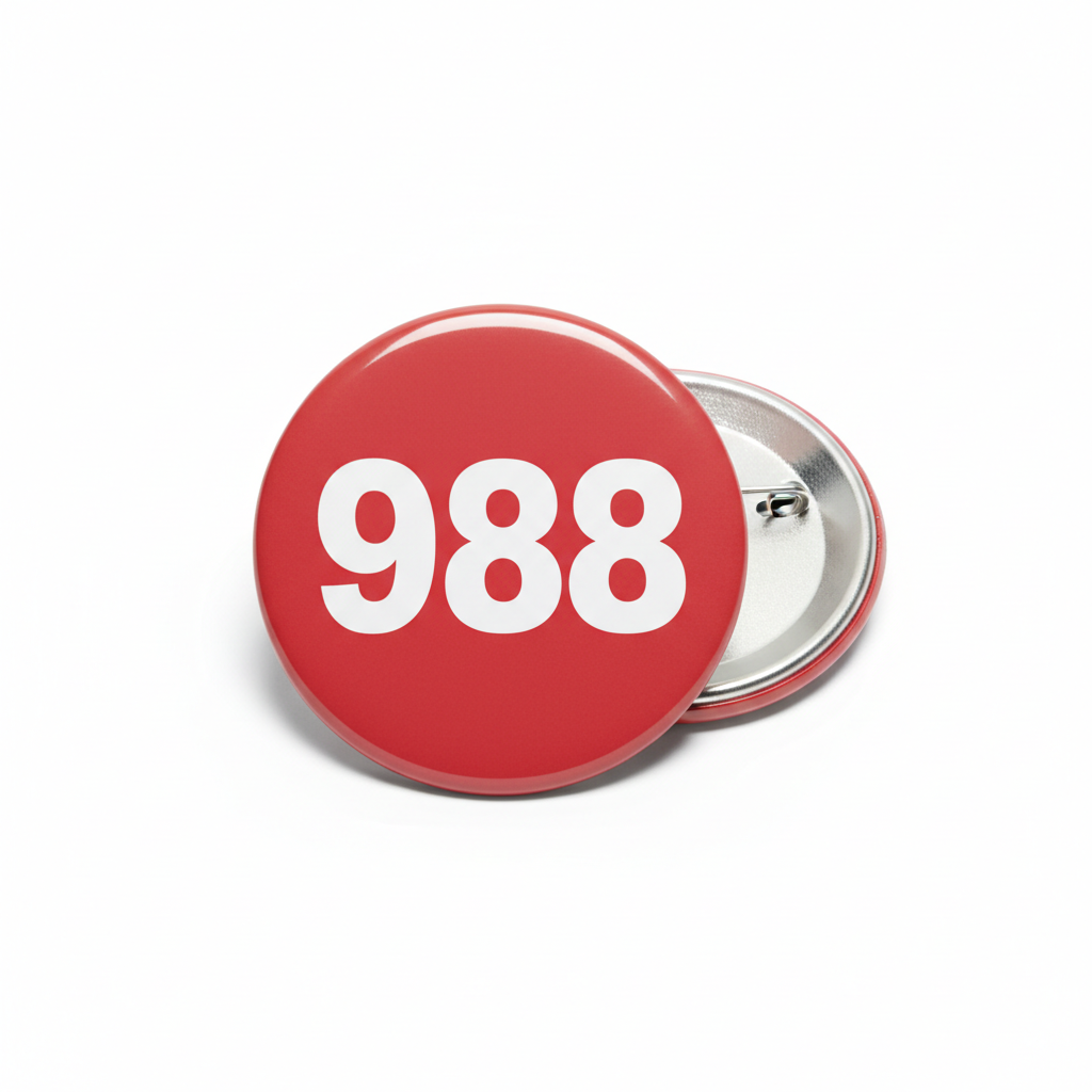2.25-inch red pinback button with '988' text and metal safety pin backing