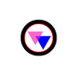 Round bisexual pride pinback button with black rim and multicolor triangle design