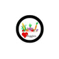 2.25-inch pinback button, black border, heart with cartoon veggies and 'Veggies' text