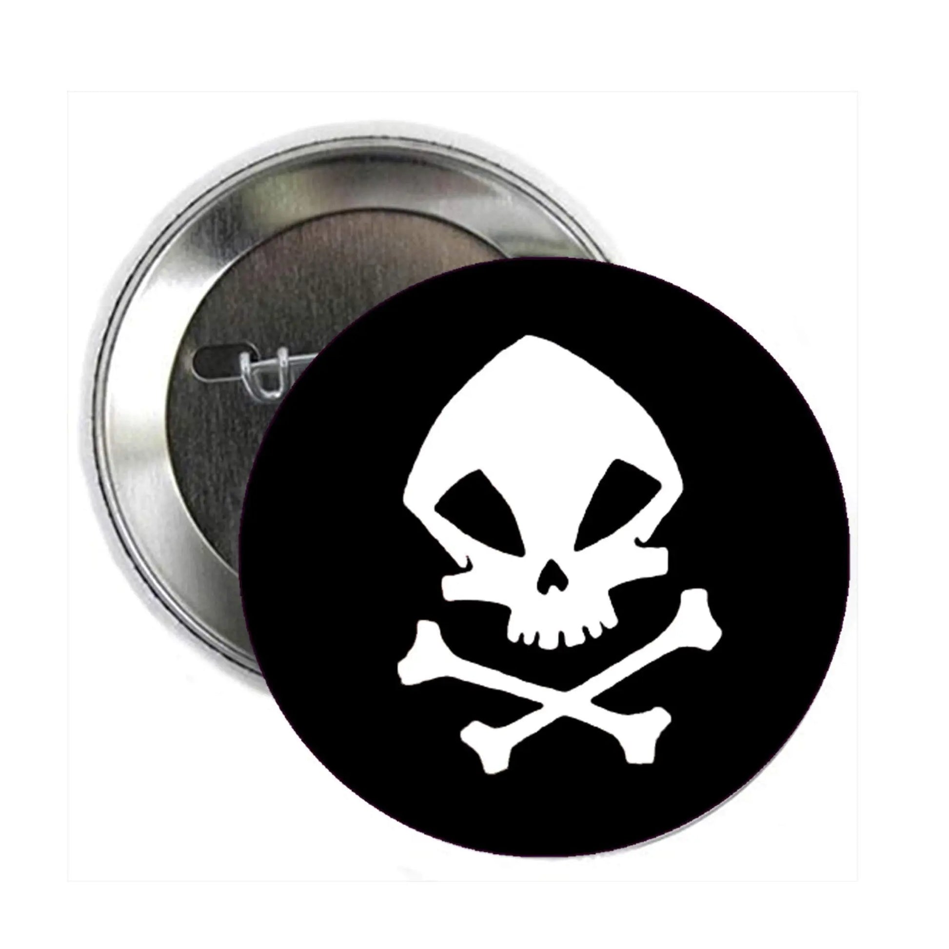 Skull pinback button with black-and-white skull crossbones graphic, silver backing