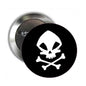 Skull pinback button with black-and-white skull crossbones graphic, silver backing