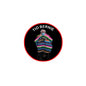 Round fridge magnet with red border, black center, colorful striped Tio Bernie graphic