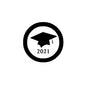 Graduation hat pinback badge with mortarboard icon and 2021 in center