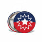 Round Juneteenth flag pinback button with blue starburst and red white star design