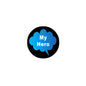2.25-inch pinback button: black round with blue speech bubble and white My Hero text