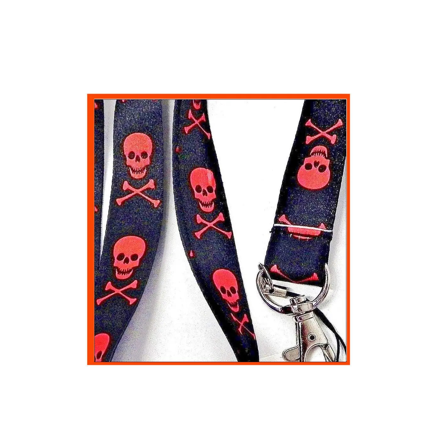 Navy neck lanyard with red skull-and-crossbones print and metal clip