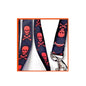 Navy neck lanyard with red skull-and-crossbones print and metal clip