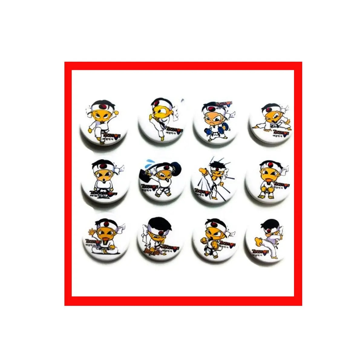 Set of 12 round pinback buttons with taekwondo cartoon characters