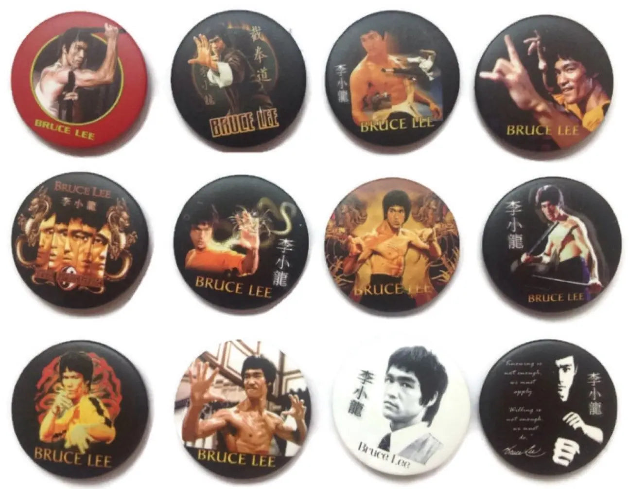 Assorted round Bruce Lee enamel pin badges with different portraits and designs