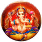 Circular Ganesh pinback button with colorful god illustration and gold ornate border
