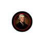 Thomas Jefferson portrait pinback badge with red border on black circular backing