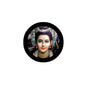 Circular pinback button with portrait of a Hindu deity with red forehead tilak