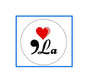 Round pinback button with red heart and black cursive 'La' design