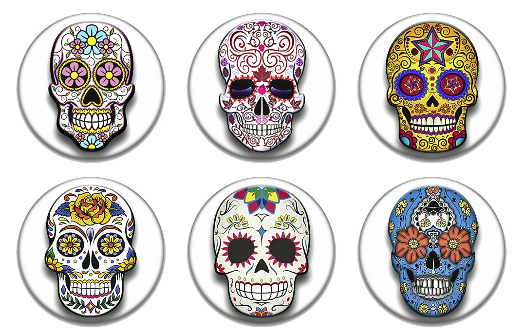 Set of 6 New Sugar Skulls 1.25-inch Pinback Button Badge Pin Default Title
