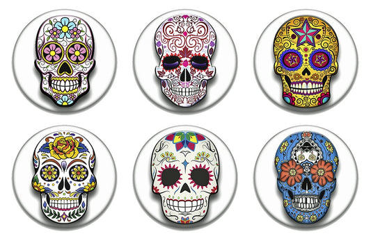 Set of 6 New Sugar Skulls 1.25-inch Pinback Button Badge Pin Default Title