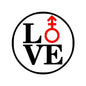 Round enamel love symbol pin with black border, “LOVE” text, and red male/female icons