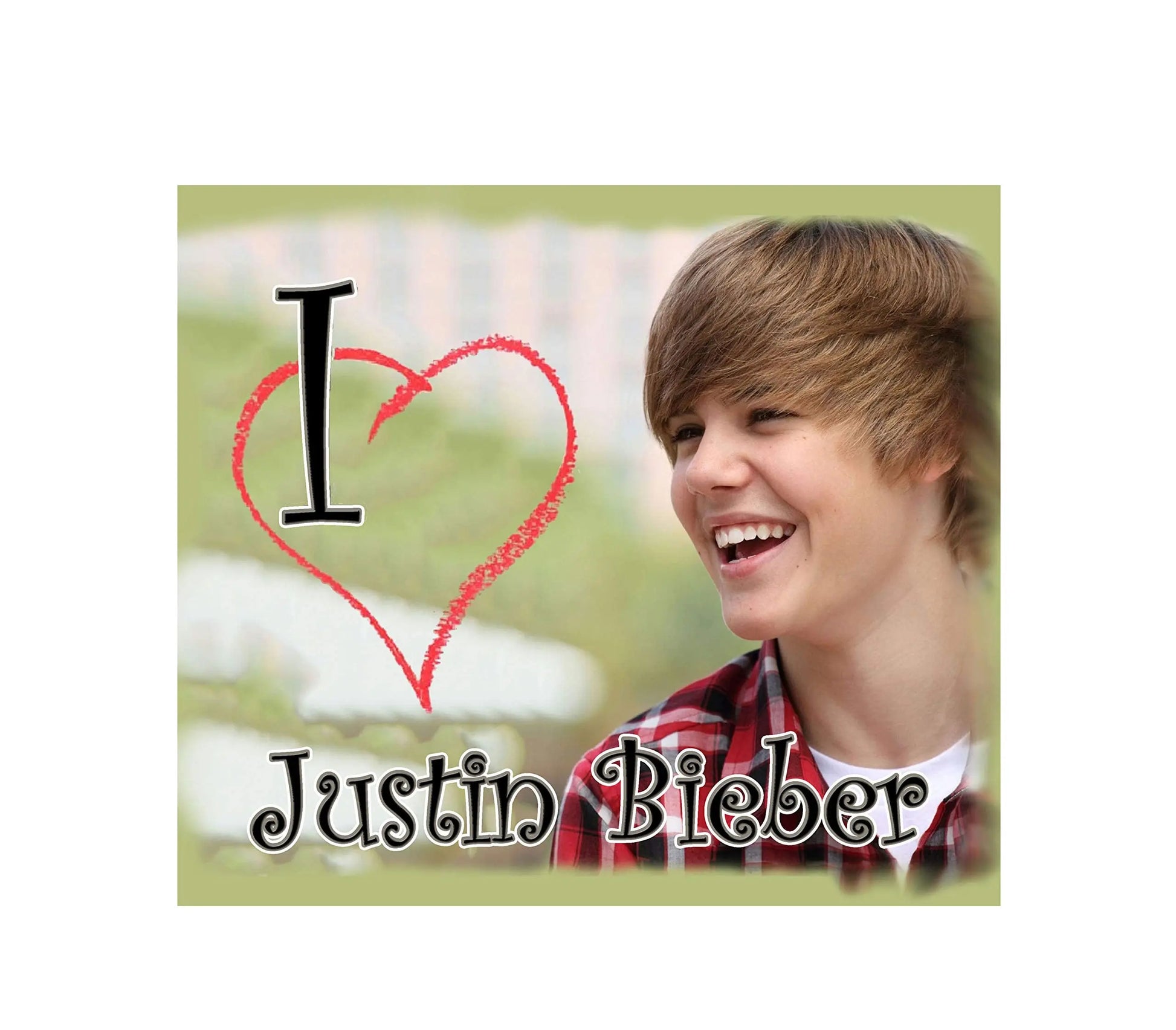Square mouse pad with cartoon-style photo of Justin Bieber and red heart graphic