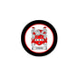 Round black border family crest arms magnet with red-and-white shield design