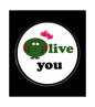 Olive-themed pinback badge with green “live you” text and pink heart accents