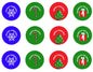 Set of 12 Christmas pinback buttons with snowflake, candy cane, tree, and gift designs