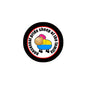 Round enamel pride pinback with cartoon sheep and rainbow color ring, black border