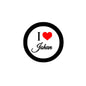 Round I Heart Johan pin badge, black outer ring with red heart and white center
